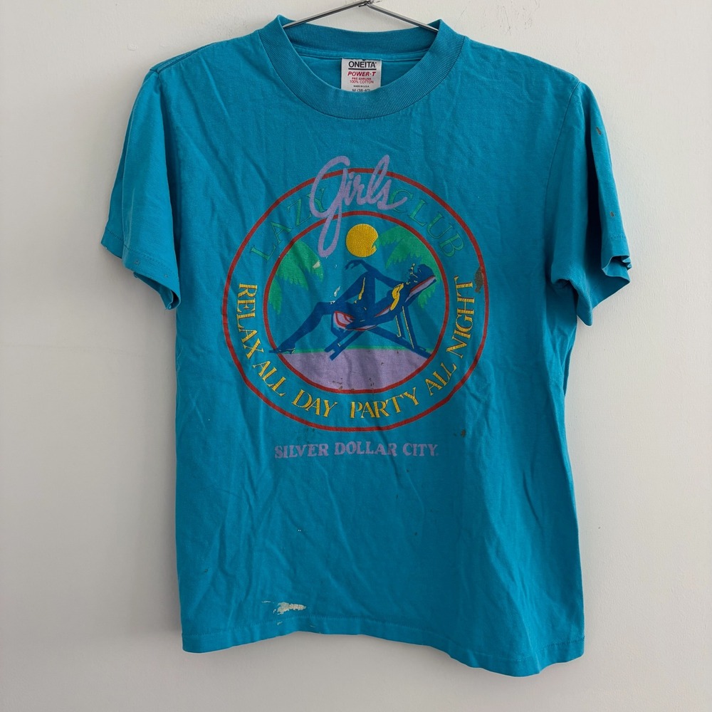 Vintage 80s Oneita PowerT Silver Dollar City Lazy Girls Club Graphic TShirt Teal